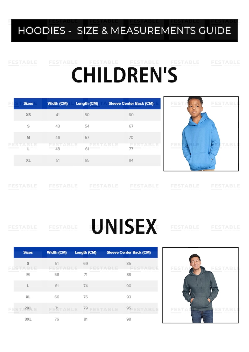 May include: Size and measurement guide for children's and unisex hoodies. The guide includes measurements in centimeters for width, length, and sleeve center back. Images show a blue children's hoodie and a gray unisex hoodie.