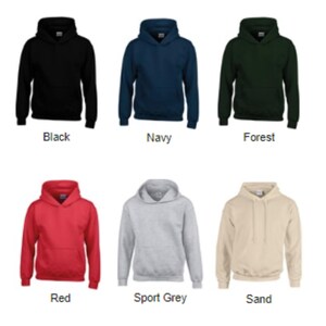 May include: Image of six hoodies in various colors: black, navy, forest green, red, sport grey, and sand. Each hoodie has a hood and a front pocket. The text "HOODIES - COLOURS" is at the top.