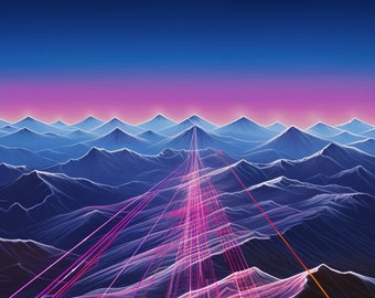 Mountains and Laser Beams. A digital art piece for vertical display.