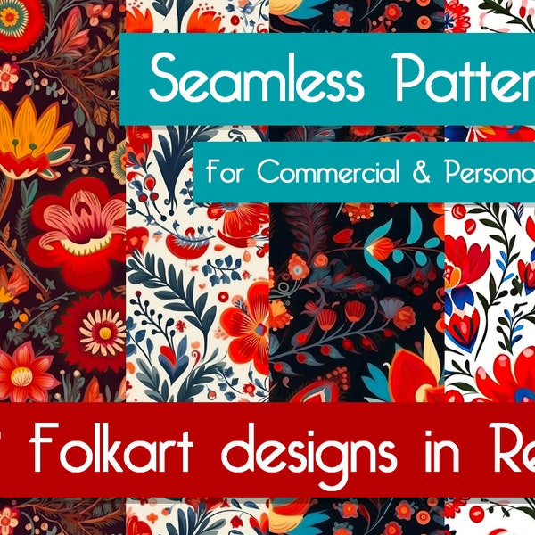 Folk Art Digital Paper: 32 Red Themed Seamless Patterns, Mexican & Polish Folkart Inspired, Unlimited Commercial Use, 12x12 inches, PNG
