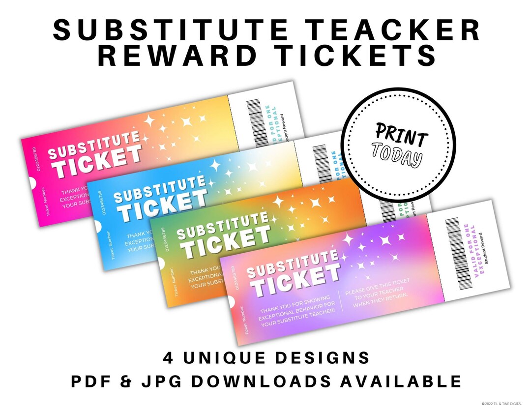 Classroom Substitute Teacher Reward Tickets Etsy