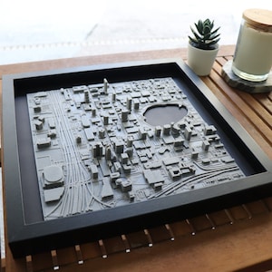 May include: A framed 3D printed model of a city skyline, with a black frame and a gray cityscape. The model includes a lake and a stadium.