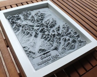 Glacier National Park 3D Printed Map| 11&quot;x9&quot; | Shadow Box