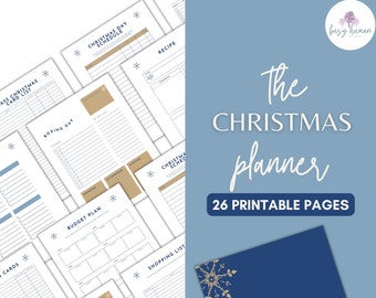 May include: A printable Christmas planner with 26 pages. The cover is blue with a gold snowflake design. The planner includes pages for a Christmas card list, a budget plan, a shopping list, a Christmas day schedule, and a boxing day schedule.