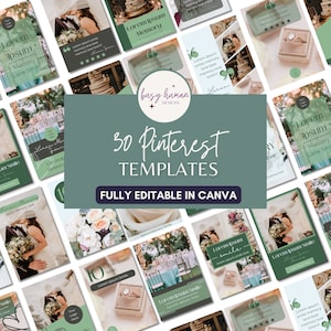30 Editable Pinterest Template Bundle | Social Pins| Business Post Creator| Botanical Green | Canva Template