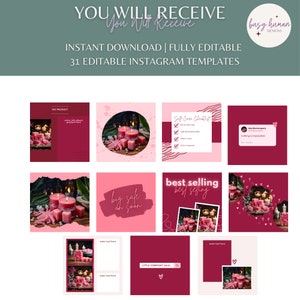 K&ouml;nnte beinhalten: Ein Satz von 31 editierbaren Instagram-Vorlagen mit rosa und roten Farbschemata. Die Vorlagen enthalten Bilder von Kerzen, Text&uuml;berlagerungen und eine Checkliste. Der Text auf den Vorlagen umfasst "Das Produkt", "Selbstpflege-Checkliste", "Gro&szlig;er Ausverkauf bald", "Bestseller", "Kleiner Firmenverkauf" und "Nichts ist unm&ouml;glich".
