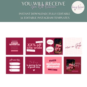 K&ouml;nnte beinhalten: Ein Satz von 31 editierbaren Instagram-Vorlagen f&uuml;r Social-Media-Marketing. Die Vorlagen bieten eine Vielzahl von Designs in den Farben Pink und Burgunderrot, darunter eine Verkaufsank&uuml;ndigung, eine Produkteinf&uuml;hrung und einen Tipp zur Selbstpflege.