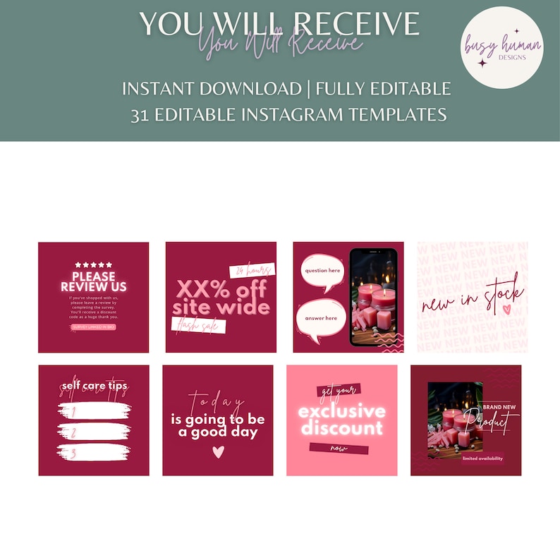 K&ouml;nnte beinhalten: Ein Satz von 31 editierbaren Instagram-Vorlagen f&uuml;r Social-Media-Marketing. Die Vorlagen bieten eine Vielzahl von Designs in den Farben Pink und Burgunderrot, darunter eine Verkaufsank&uuml;ndigung, eine Produkteinf&uuml;hrung und einen Tipp zur Selbstpflege.