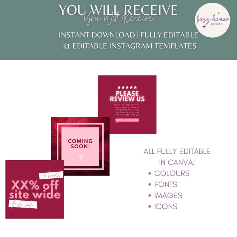 K&ouml;nnte beinhalten: Ein Satz von 31 anpassbaren Instagram-Vorlagen f&uuml;r Social-Media-Marketing. Die Vorlagen haben ein rosa-burgunderfarbenes Farbschema mit Text, der "Bitte bewerten Sie uns", "Kommt bald!" und "XX% Rabatt auf den gesamten Shop" lautet.