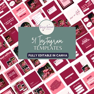 K&ouml;nnte beinhalten: Eine Sammlung von 31 Instagram-Vorlagen f&uuml;r Social-Media-Marketing. Die Vorlagen zeichnen sich durch ein rosafarbenes und burgunderfarbenes Farbschema mit einer Vielzahl von Designs aus, darunter Text, Grafiken und Fotos. Die Vorlagen sind vollst&auml;ndig in Canva bearbeitbar.