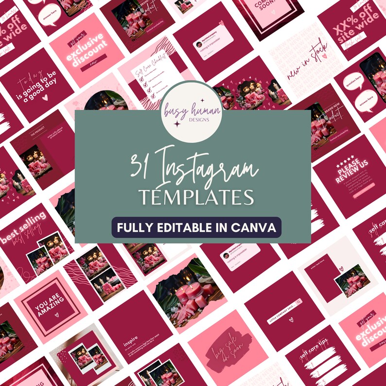 K&ouml;nnte beinhalten: Eine Sammlung von 31 Instagram-Vorlagen f&uuml;r Social-Media-Marketing. Die Vorlagen zeichnen sich durch ein rosafarbenes und burgunderfarbenes Farbschema mit einer Vielzahl von Designs aus, darunter Text, Grafiken und Fotos. Die Vorlagen sind vollst&auml;ndig in Canva bearbeitbar.