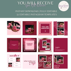 K&ouml;nnte beinhalten: Ein Satz von 31 editierbaren Instagram-Vorlagen mit einem rosa und burgunderfarbenen Farbschema mit Bildern von Kerzen und Text&uuml;berlagerungen. Der Text umfasst "You Are Amazing", "Coming Soon", "Best Sellers", "What Makes Our Products Unique", "Back in Stock", "New in Stock" und "Inspire".