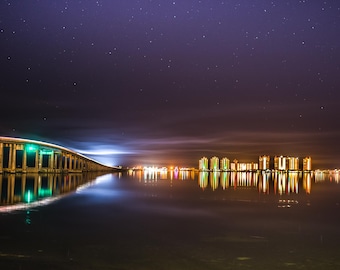 Impression sur toile Navarre Beach Bridge : photographie de nuit en Floride