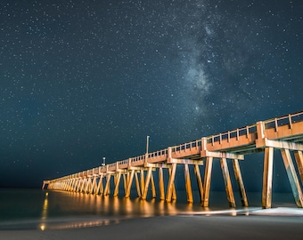 Navarre Beach Pier Milky Way Canvas Print: Long Exposure Night Sky