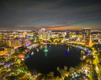Lake Eola Park, Orlando, exposition prolongée la nuit, photographie par drone, monument du centre-ville d'Orlando, paysage, acrylique, art mural, impression métallique.