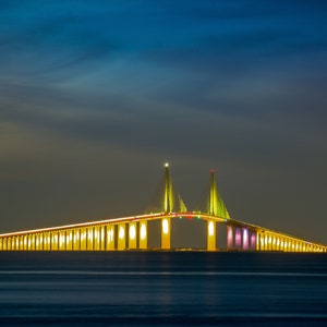 Sunshine Skyway Bridge, Tampa Bay, Night long exposure canvas, Bridge in Hillsborough County, St Petersburg landmark, wall art, Metal Print.