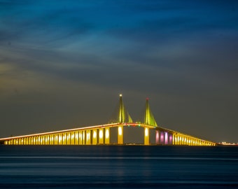 Sunshine Skyway Bridge Canvas Print: Tampa Bay Night Long Exposure Wall Art