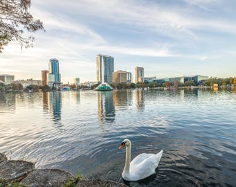 Impression sur toile Lake Eola : oeuvre d'art murale paysage urbain du centre-ville d'Orlando