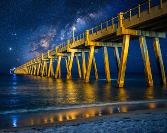 Navarre Beach Pier Canvas Print: Milky Way Starry Night