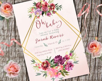 May include: A pink and gold baby shower invitation with a floral design. The invitation says "Oh baby" and "Join us for a baby shower honoring Sarah Rivers". The date is Saturday, March 15th at 3 PM. The address is 1234 Your Address Street, Your City, CA 56789. The RSVP information is RSVP by: 2/10/24 to (555) 123-4567.