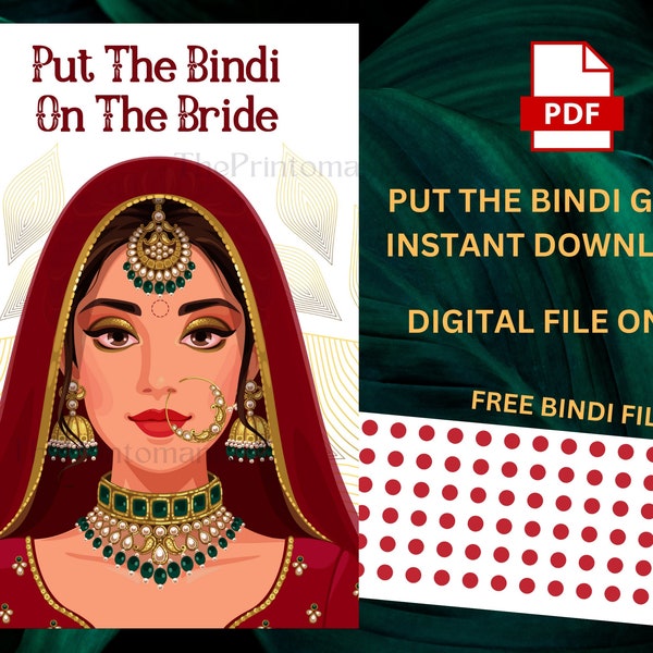 Pin The Tikka and Bindi on the Bride Desi Indian Wedding Games, Bridal Shower Games, Mehndi Party, Mayian Jaggo, Doli Jeopardy Digital Games