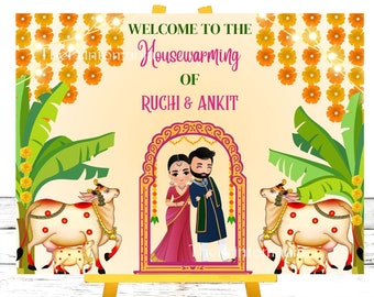 Pichwai Indian Griha Pravesh Welcome Sign As Gruha Pravesham | South Indian Housewarming Welcome Sign | Editable DIY Welcome Poster | Board