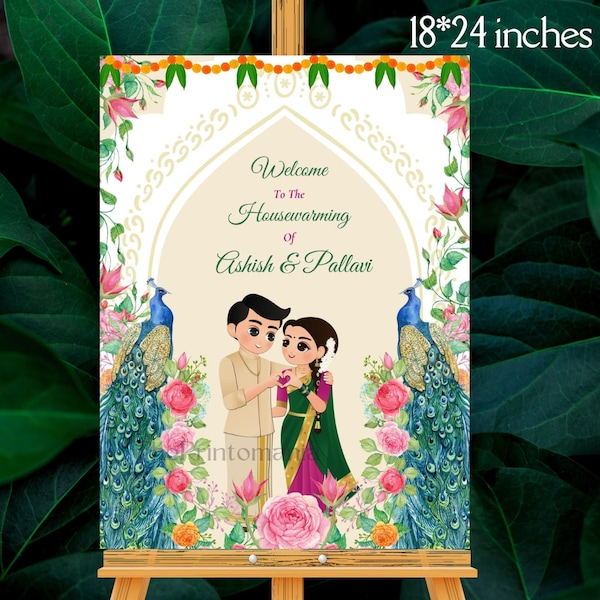 Peacock Indian Griha Pravesh Welcome Sign As Gruha Pravesham | Traditional Housewarming Welcome Sign | Couple Welcome Poster, Floral Signage