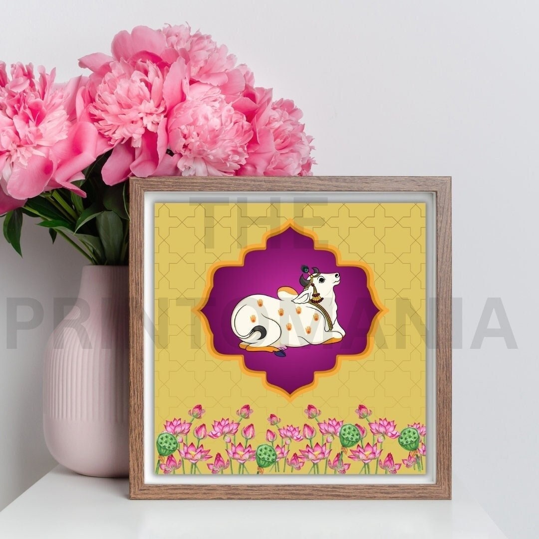 A Beautiful Pichwai Cow Digital Download With Yellow Background and ...