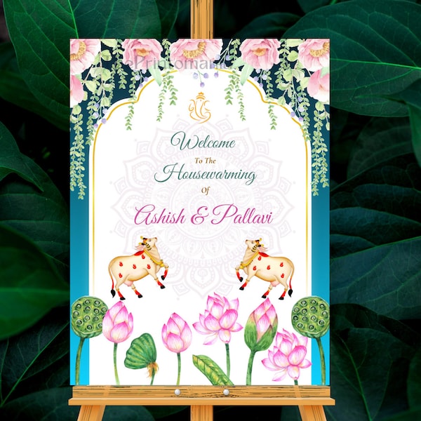 Indian Pichwai Griha Pravesh Welcome Sign As Gruha Pravesham | Traditional Housewarming Welcome Sign | Editable DIY Welcome Poster | Pichwai
