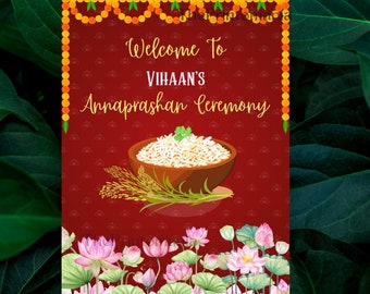 Panneau de bienvenue Annaprashan | Cérémonie de la première distribution de riz | Décoration Annaprashana | Poster de bienvenue imprimable | Plaque décorative Annaprasanam