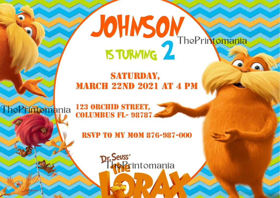 Lorax Invitation, Lorax Birthday Invitation, Lorax Birthday Digital ...