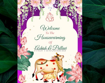 Pichwai Indian Griha Pravesh Welcome Sign As Gruha Pravesham | Traditional Housewarming Welcome Sign | Editable Cow Welcome Poster Lotus