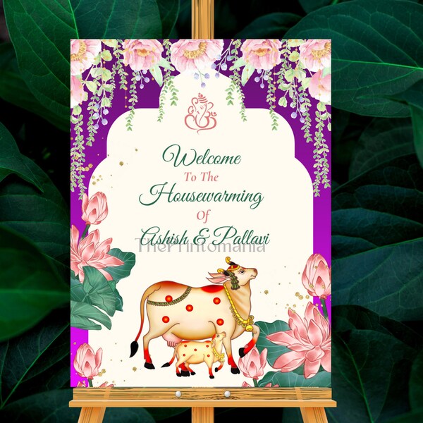 Pichwai Indian Griha Pravesh Welcome Sign As Gruha Pravesham | Traditional Housewarming Welcome Sign | Editable Cow Welcome Poster Lotus