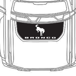 May include: Black and white line drawing of a Ford Bronco with a black rear window and a white Bronco logo with a running horse.