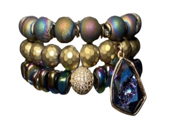 Rainbow Bracelet Stack/Stretch Bracelets/Set of 3/ Natural Gemstone/Beaded Bracelets/Arm Candy