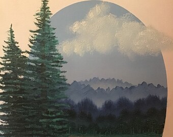 Original Oil Painting 16” x 20” Beautiful Nature Landscape on Canvas Board #47 by Mark F. Cromas Unframed. Mountains,  Pine trees, Lake