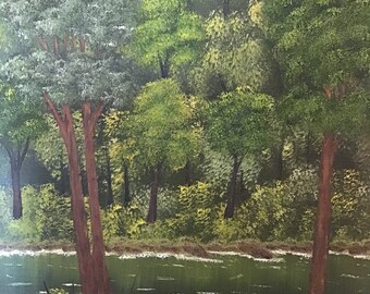 Original Oil Painting 16” x 20” Beautiful Nature Landscape, Trees, Lake, on Canvas Board #41 by Mark F. Cromas Unframed. Ships to US only