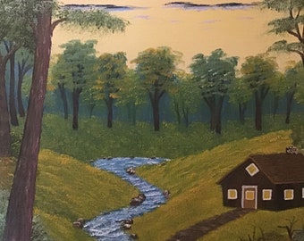 Original Oil Painting 16” x 20” Beautiful Nature Landscape, cabin  on Canvas Board #26 by Mark F. Cromas Unframed. Ships to US only.