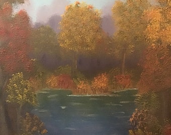 Original Oil Painting, Fall Lake Landscape, 16x20 Unframed Canvas