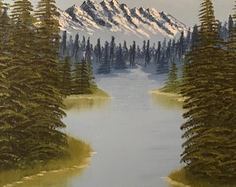 Original Oil Painting 16” x 20” Beautiful landscape Scene with mountains and lake  on Canvas Board #24 by Mark F. Cromas