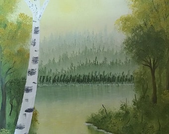 Original Oil Painting 16” x 20” Beautiful Nature Landscape, Trees, Lake, Birch on Canvas Board #51 by Mark F. Cromas Unframed.