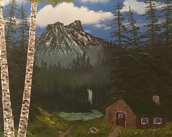 Original Oil Painting: Mountain Cabin Landscape Art, 16x20
