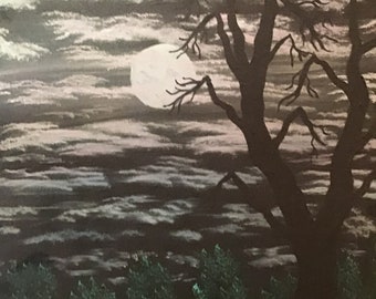 Original Night Landscape Oil Painting, Lake and Trees, 16x20 Unframed