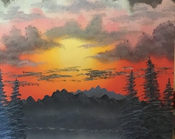Original Oil Painting, Sunset Lake Landscape, Trees, Mountains (16x20 Unframed)