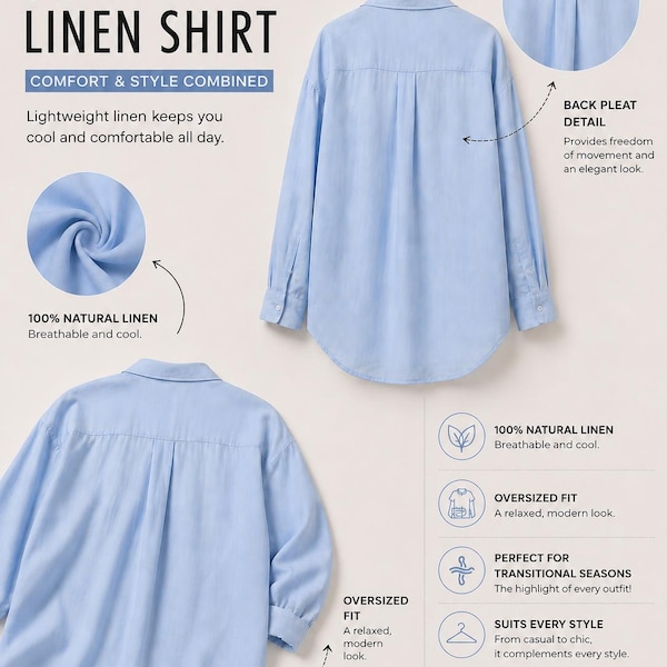Light Blue 100% Linen Oversized Shirt, Women’s Relaxed Fit Button Down Blouse, Lightweight Long Sleeve Summer Top