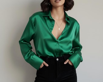 Dark Green Satin Oversized Shirt – Women’s Button Down Blouse, Loose Fit Long Sleeve Top