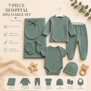 Peut inclure: Ensemble de sortie d'hôpital de 7 pièces de couleur vert tendre. L'ensemble comprend une couverture, une chemise cache-cœur, un pantalon à pieds, un body, un bonnet, des moufles et un bavoir. 100% coton, doux pour la peau sensible.