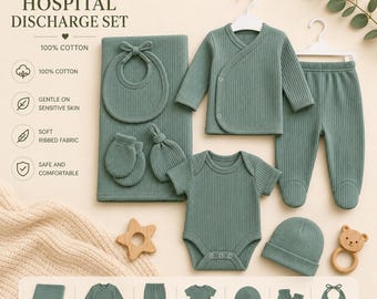 Conjunto de 7 piezas para recién nacido en color verde salvia, conjunto de algodón acanalado para bebé, conjunto para la salida del hospital, regalo unisex para bebé, conjunto para el alta hospitalaria.