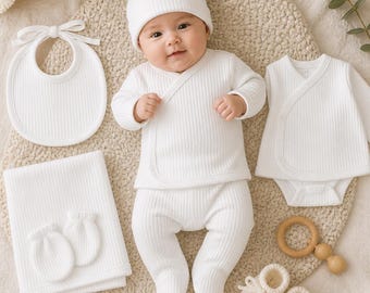 White Newborn Baby 7 Piece Set, Ribbed Cotton Baby Outfit, Coming Home Outfit, Unisex Baby Gift, Infant Clothing Set