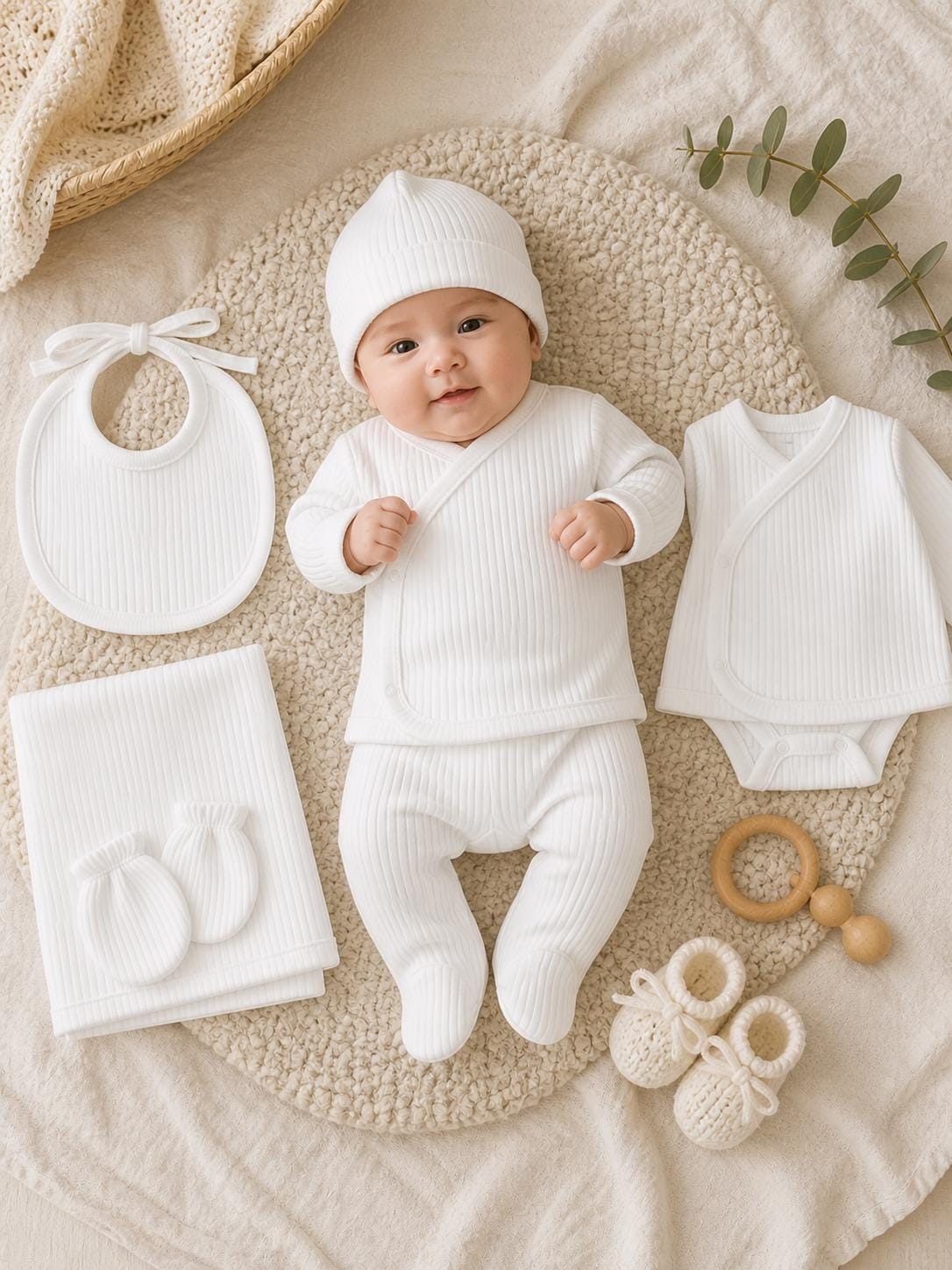 White Newborn Baby 7 Piece Set, Ribbed Cotton Baby Outfit, Coming Home Outfit, Unisex Baby Gift, Infant Clothing Set
